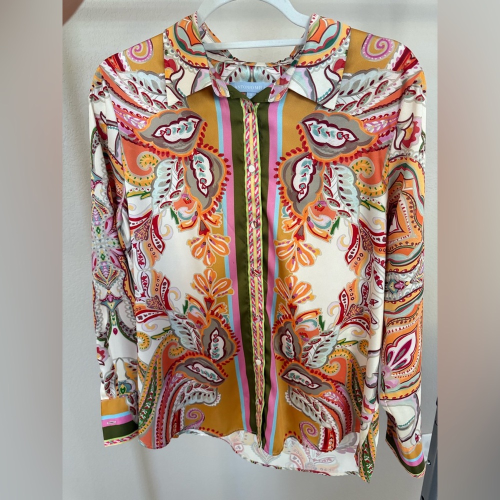 ANTONIO MELANI Orange, Pink and Cream Paisley Button-Down Shirt